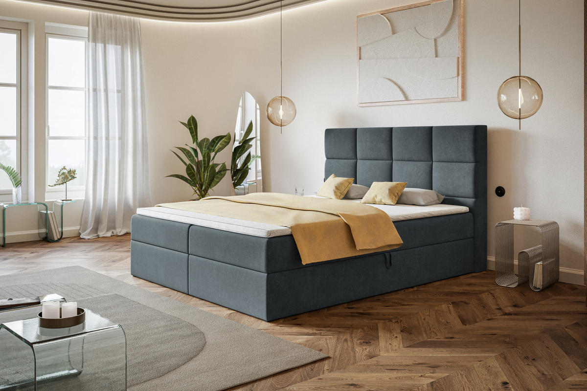 BOXBETT ROMA mit 2 Bettkästen, 160x200, Farbe: Dunkelgrau, Velourstoff, Doppelbett mit Bonell-Matratze - Dunkelgrau, Holz/Kunststoff (160/200cm) - Alpi-Möbel