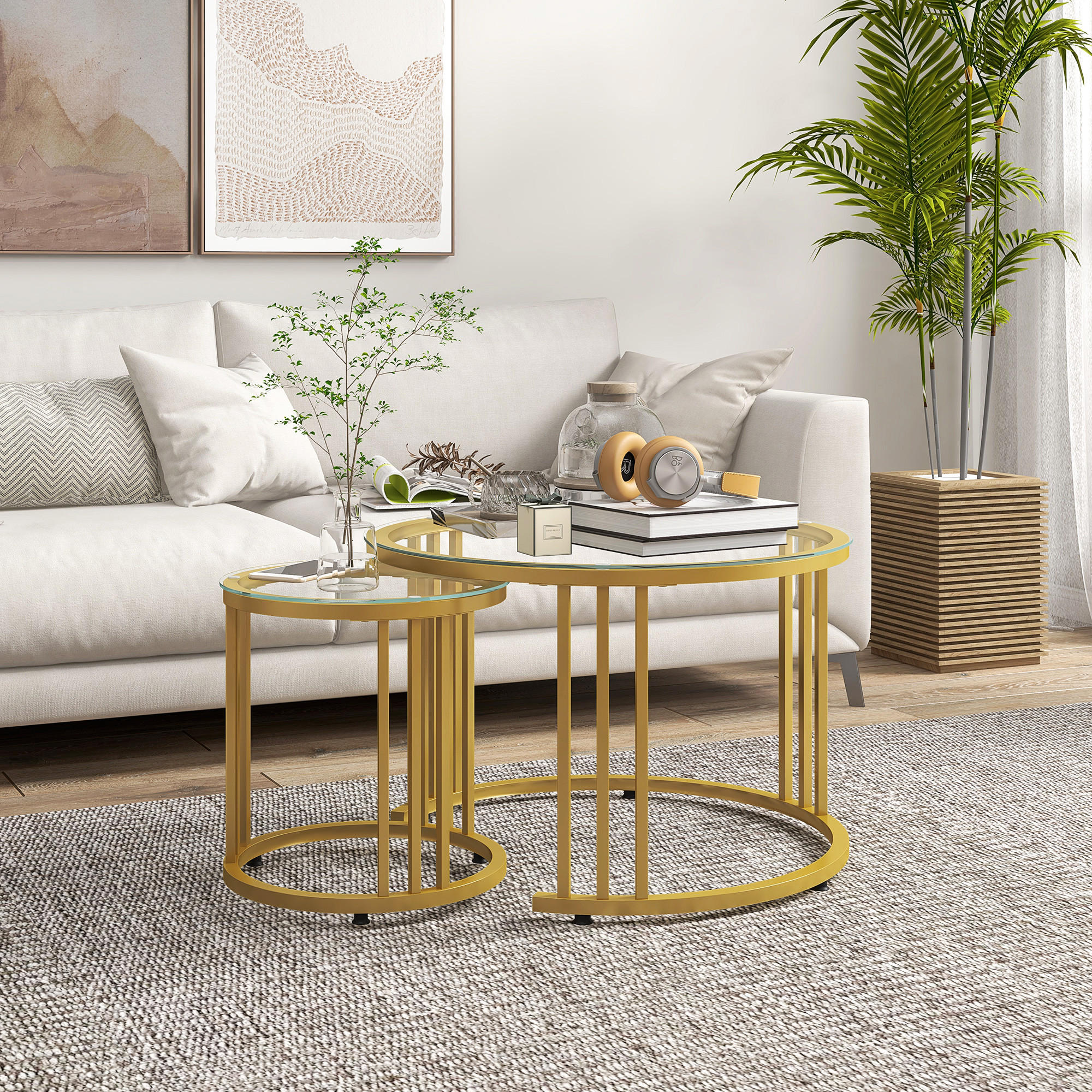 COUCHTISCH 2er-Set, Stapelbar Beistelltisch mit Stahlgestell, Kaffeetisch, Gold - Goldfarben, Metall (60/60/47cm) - HOMCOM