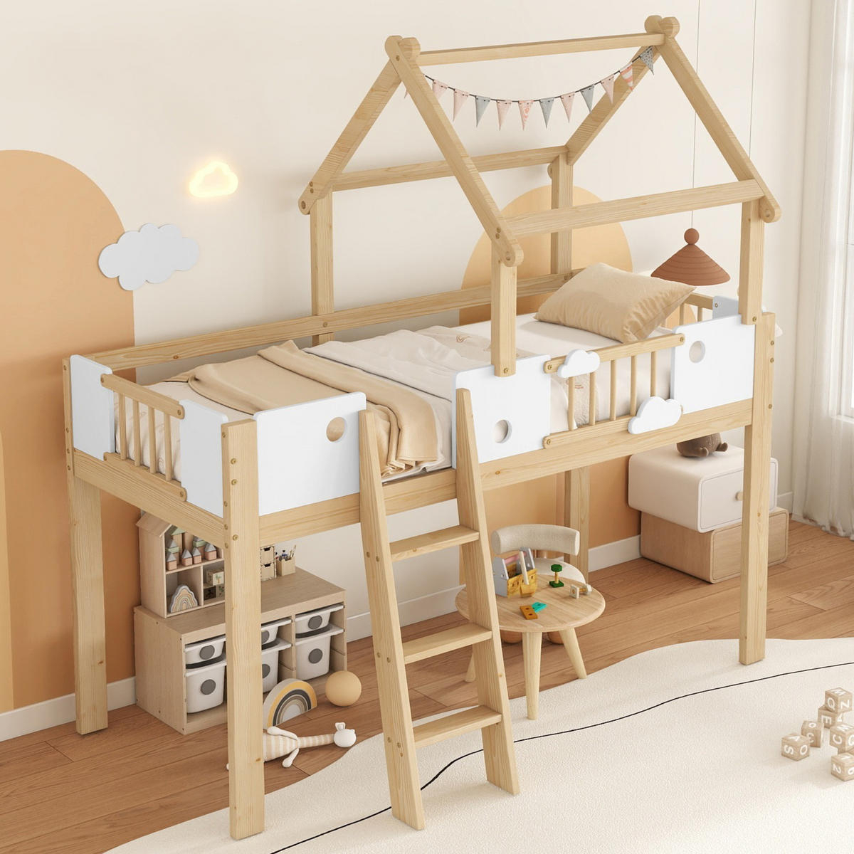 HOCHBETT Kinderbett Weiß+Natur - Naturfarben, Holz (90/200cm) - ComfortXL