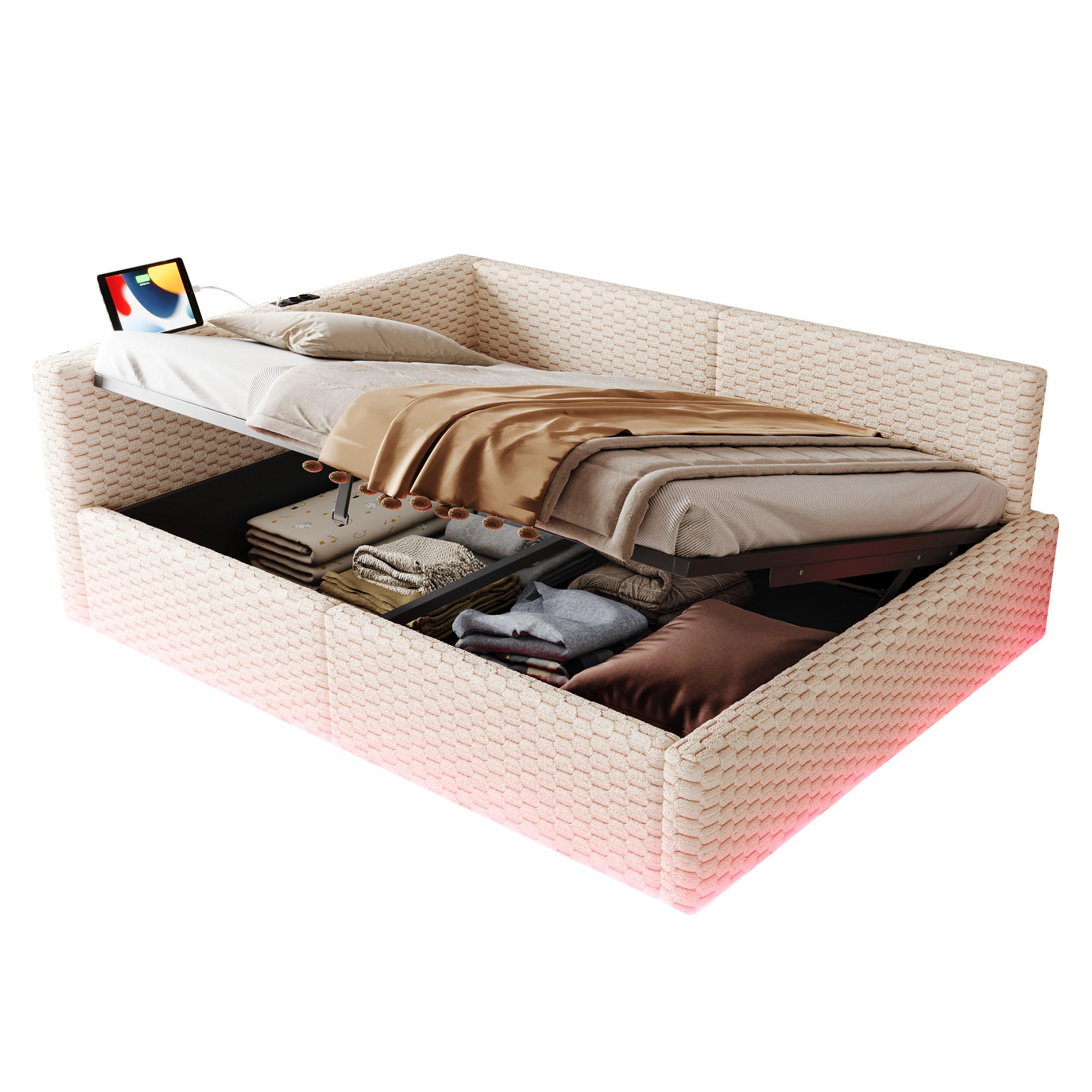 POLSTERBETT 140/200 cm in Beige Samt mit Bettkasten, LED, USB und Type-C - Beige, Holzwerkstoff/Textil (140/200cm) - WISHDOR