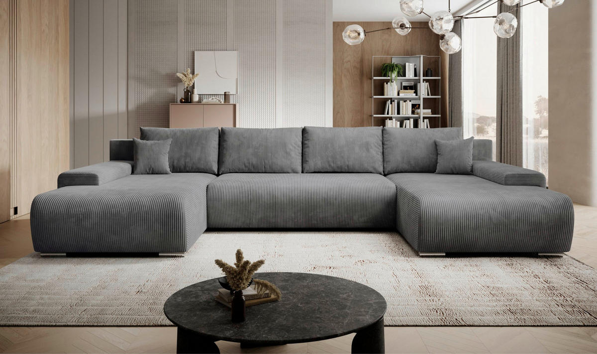 ECKSOFA Credo mit Schlaffunktion und Bettkasten, Couch U-Form, 348x81x185 cm, Dunkelgrau - Dunkelgrau, Holz (348/170cm) - PROMETO Möbel