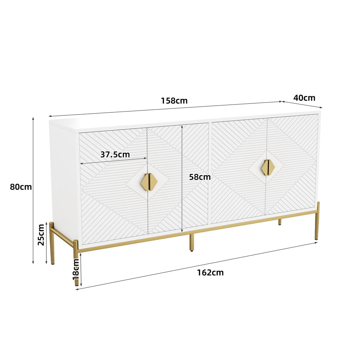 SIDEBOARD in Weiß und Gold Anrichte mit 4 Türen und Metallgriffen für Wohnzimmer, Flur und Esszimmer, B162/T40/H80 cm - Goldfarben/Weiß, Holzwerkstoff/Metall (162/80/40cm) - STILVORA