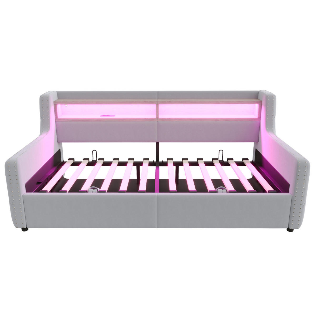 POLSTERBETT 90/200 cm aus Samt mit LED-Beleuchtung, Hellgrau - Hellgrau, Textil (90/200cm) - OKMYHOME
