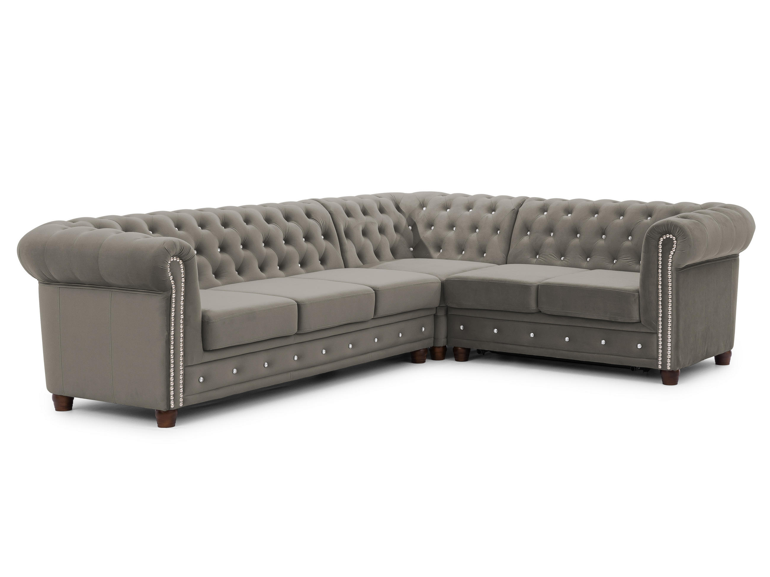 ECKSOFA mit Schlaffunktion Chesterfield Grau Samt mit Kristallsteppung und braunen Massivholzfüßen - Ottomane Rechts - Braun/Grau, Holz/Textil (264/210cm) - S-Style Möbel