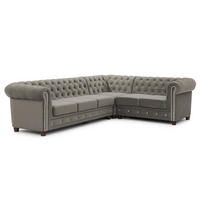 ECKSOFA mit Schlaffunktion Chesterfield Grau Samt mit Kristallsteppung und braunen Massivholzfüßen - Ottomane Rechts - Braun/Grau, Holz/Textil (264/210cm) - S-Style Möbel