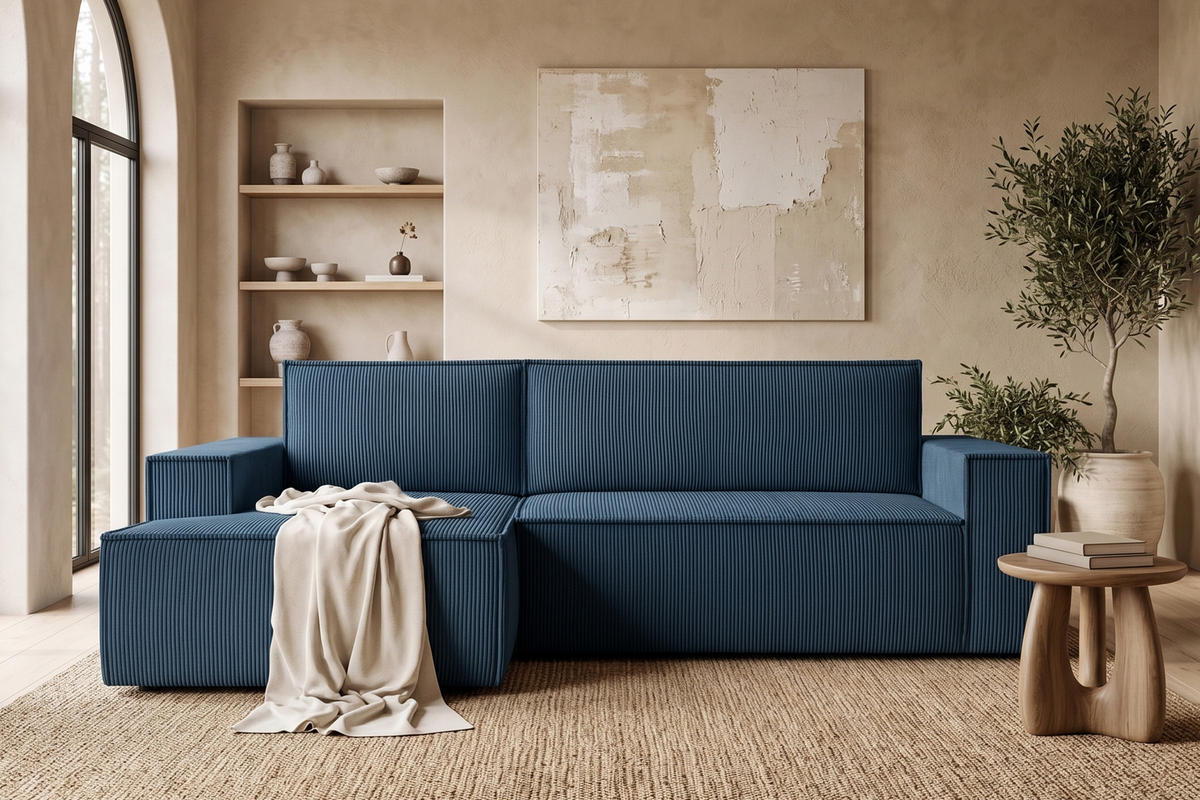 ECKSCHLAFSOFA-LINKS NAPI in Pet Friendly Cord-Stoff, marineblau - Blau/Schwarz, Textil (262/148cm) - KONSIMO®