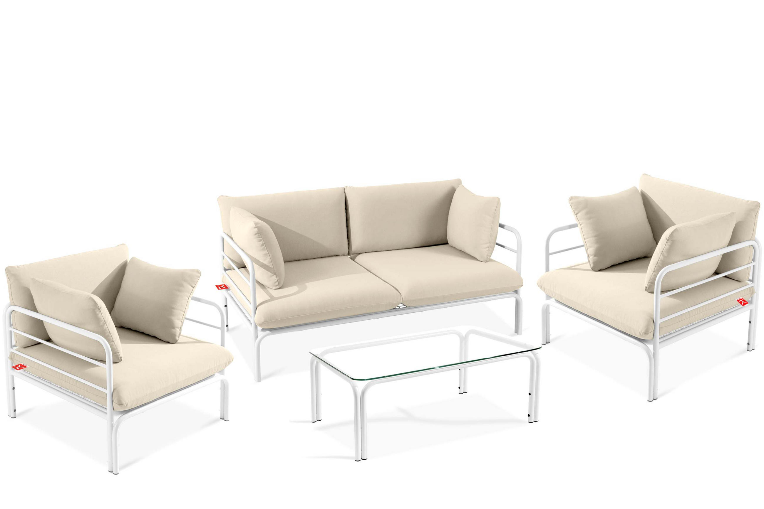 GARTENMÖBELSET RAMBE 4-tlg. 1x Tisch 2x Sessel 1x Sofa 2-Sitzer, mit Kissen, LOFT-STIL, Weiß/Cremeweiß - Creme/Weiß, Textil/Metall - KONSIMO®