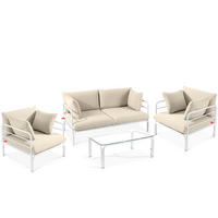 GARTENMÖBELSET RAMBE 4-tlg. 1x Tisch 2x Sessel 1x Sofa 2-Sitzer, mit Kissen, LOFT-STIL, Weiß/Cremeweiß - Creme/Weiß, Textil/Metall - KONSIMO®