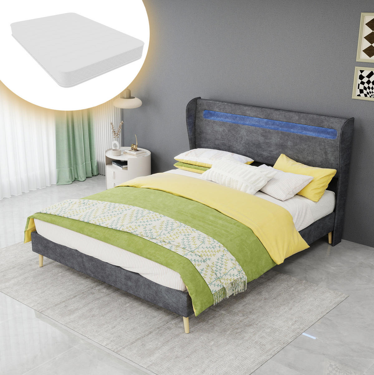 POLSTERBETT 140/200 cm mit LED-Beleuchtung, verstellbarer Rückenlehne und Matratze, Grau - Grau, Textil (140/200cm) - Redom