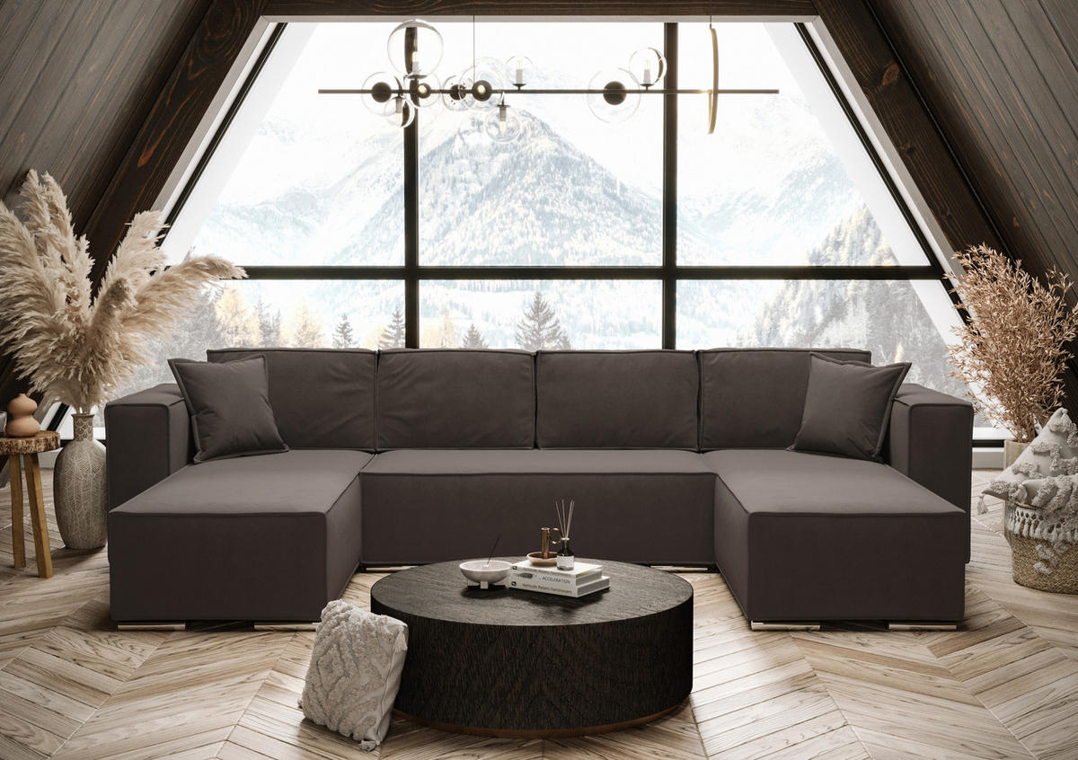 WOHNLANDSCHAFT Vinoria Braun 327/180/82 cm mit Schlaffunktion - Chromfarben/Braun, Textil/Metall (327/82/180cm) - AX Living