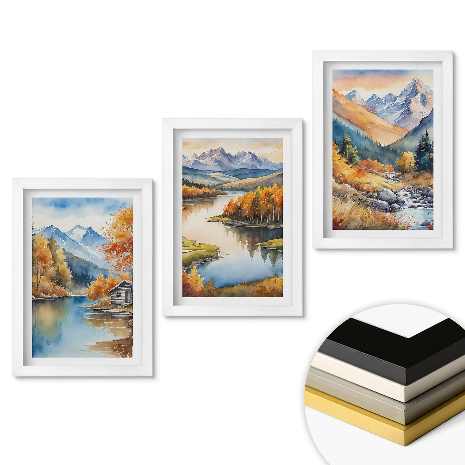 WANDBILDER 3er-Set - 20x30 cm Weißer Rahmen - Gebirgsflüsse, Herbstbäume - Weiß, Kunststoff (20/30cm) - ArtPrintCave