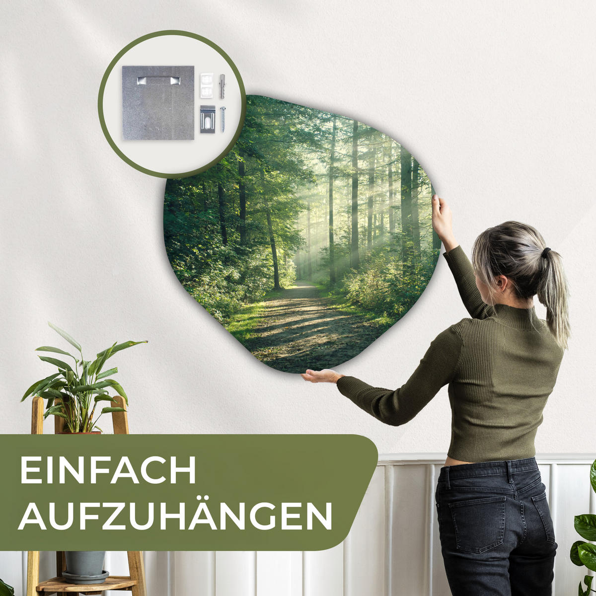 WANDBILD Wald - Weg - Sonne - Bäume - Grün - Natur 90x90 cm - Waldgrün, Kunststoff (90/90cm) - MuchoWow