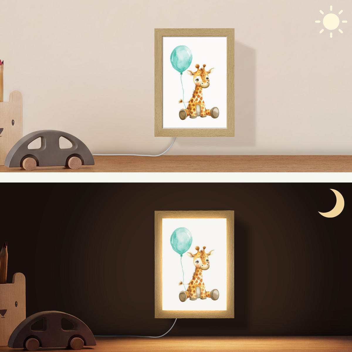 WANDLEUCHTE Giraffe - Baby - Tiere - Blauer Ballon 15x20 cm - Weiß, Holzwerkstoff (15/20/8cm) - OnlyWow
