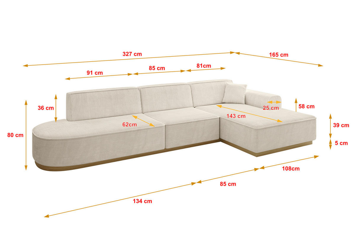 ECKSOFA Ottomane Rechts IREA-L2-v2 - 327x165x80 cm Beige - Beige, Holzwerkstoff/Textil (327/165cm) - ALTDECOR