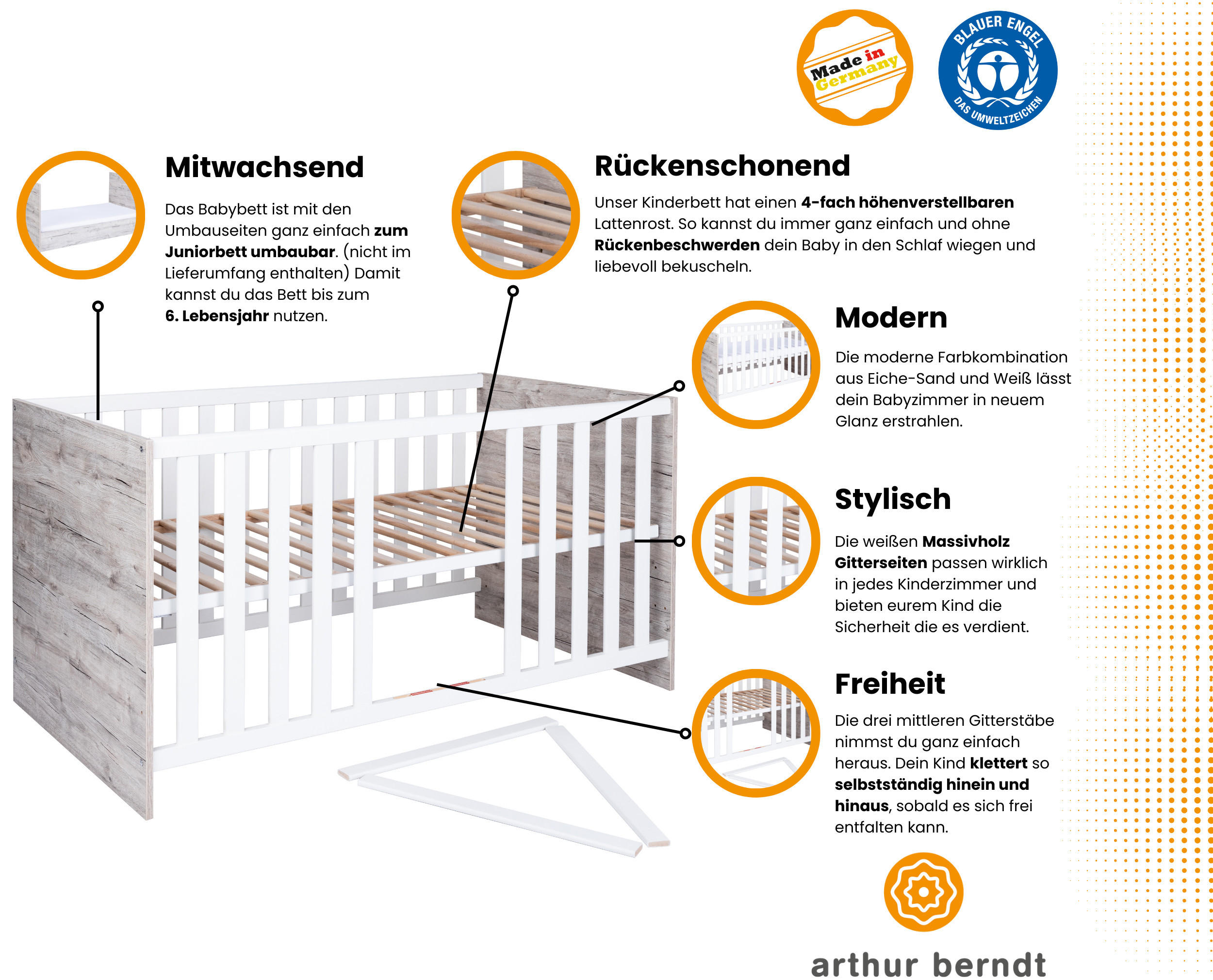 BABYBETT Bente 70 x 140 cm Weiß / Eiche - Eichefarben/Weiß, Holz/Holzwerkstoff (70/140cm) - arthur berndt