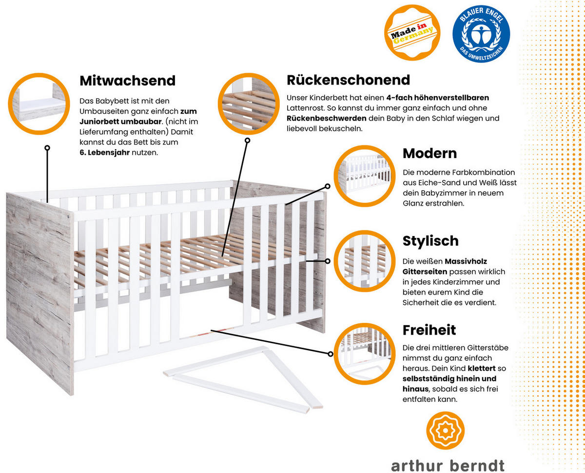 BABYZIMMER Set Bente 3-tlg. - Eichefarben/Silberfarben, Holz/Holzwerkstoff (1/1/1cm) - arthur berndt
