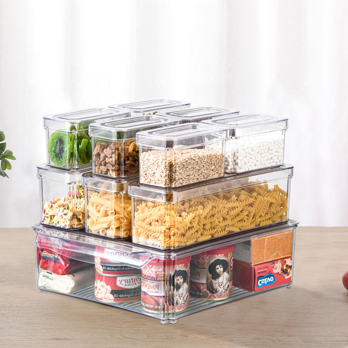 KÜHLSCHRANKORGANIZER-SET 10er-Set 3 Größe PET in Küchen in Kühlschrank stapelbar transparente Frischhaltedosen mit Deckel 12,3/7,5/7 cm - Weiß, Glas/Holz (30/9.8/30cm) - Livingandhome