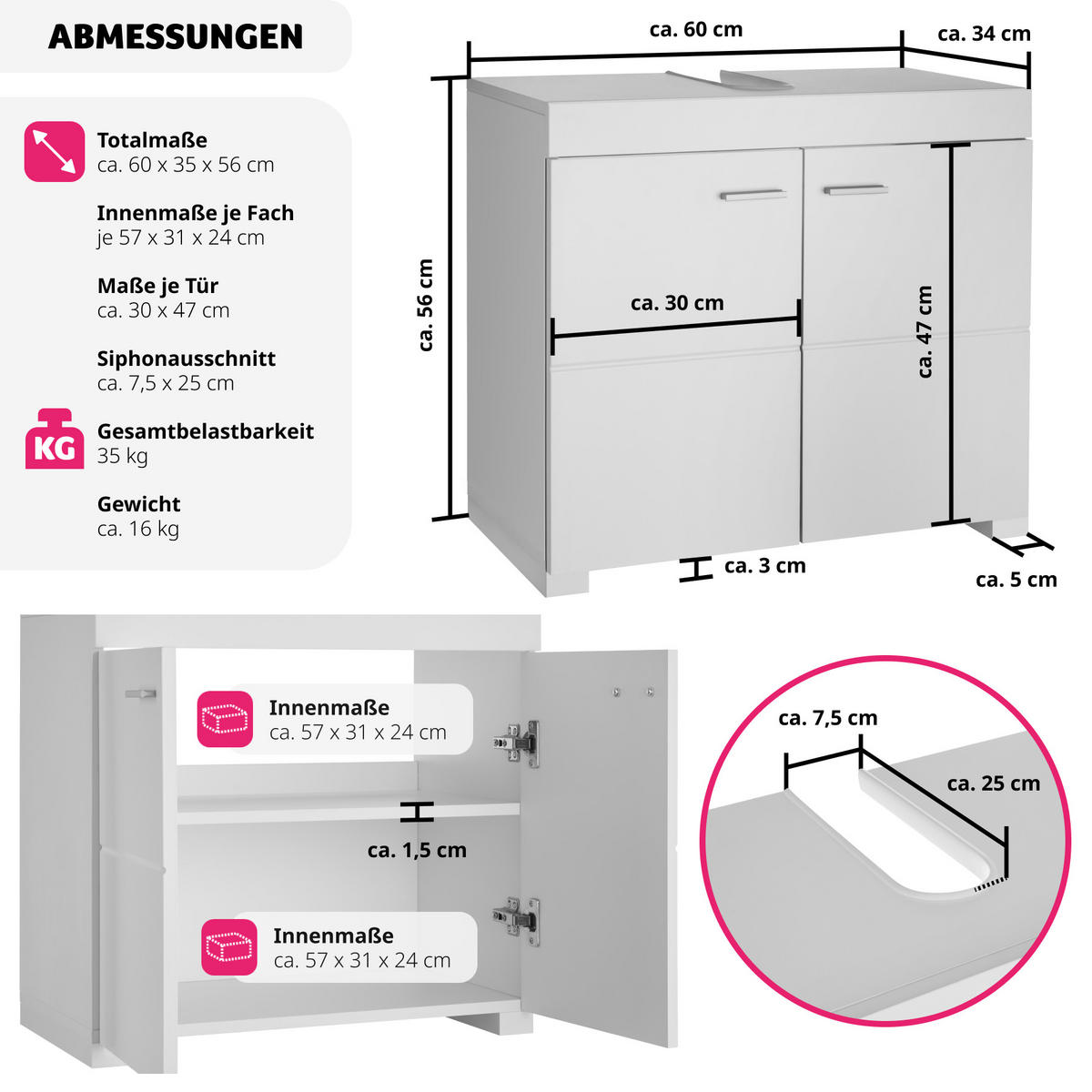WASCHBECKENUNTERSCHRANK Idris,60 x 35 x 56 cm,weiß - Weiß, Holzwerkstoff (60/56/35cm) - tectake