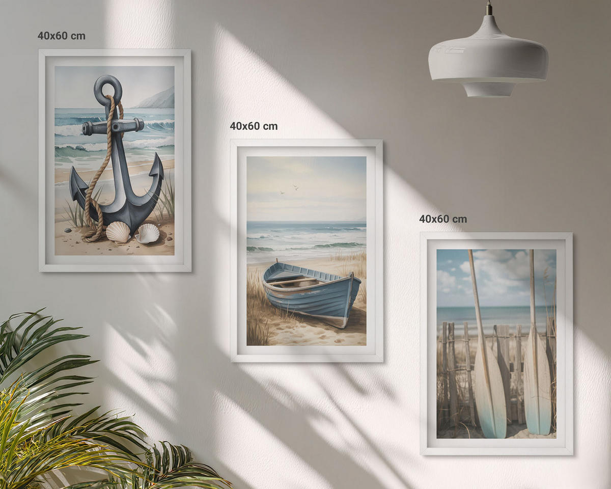 BILDER SET 3er Set - 40x60 cm Weißer Rahmen - Anker, Boot, Ruder, Strand - Weiß, Kunststoff (40/60cm) - TULUP