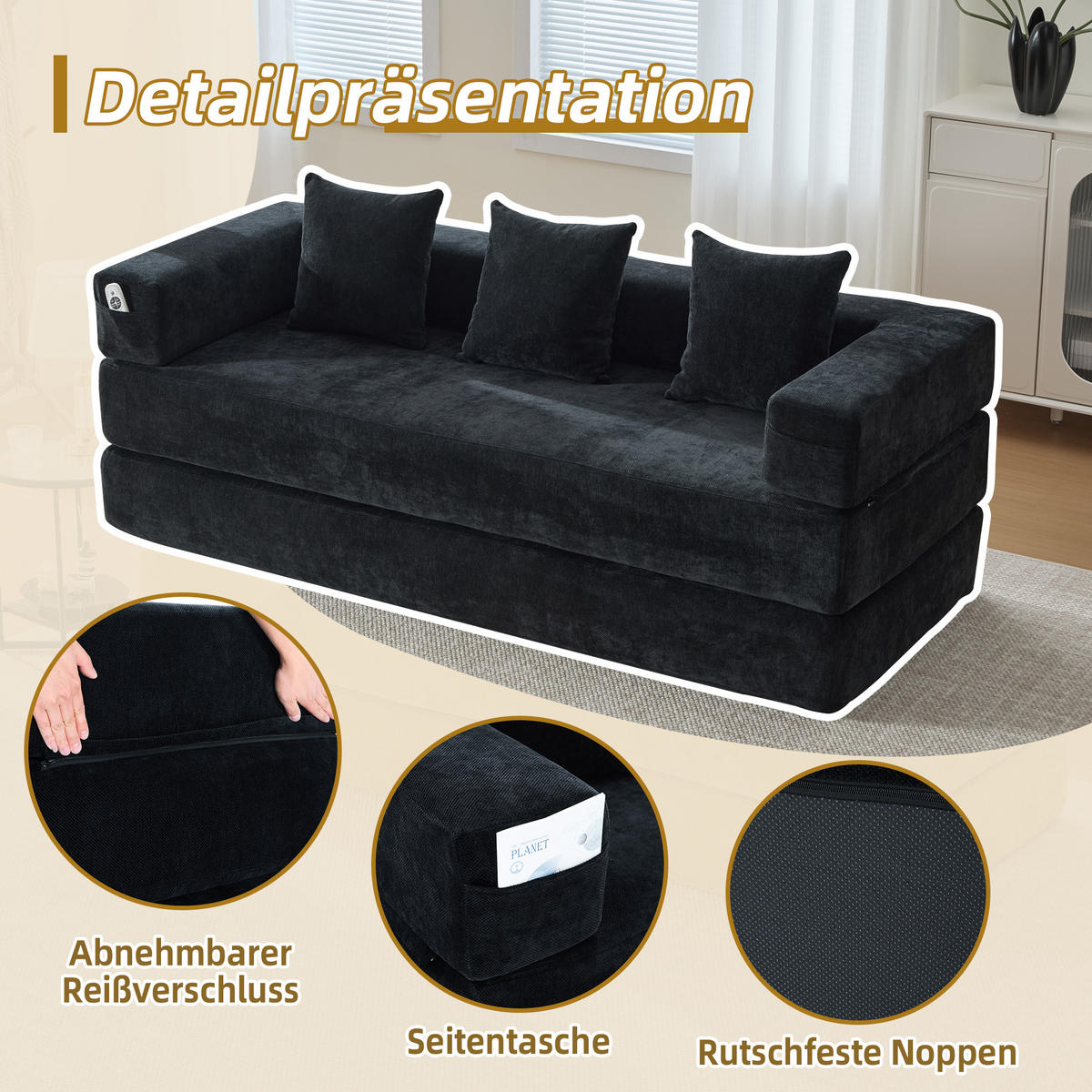 SCHLAFSOFA, Klappbares Bodensofa, Modulares Polstersofa Chenille, Schwarz - Schwarz, Textil (79/60/198cm) - LVHOM