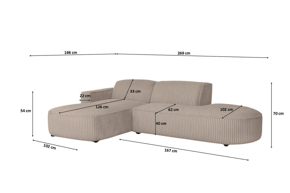 ECKSOFA Cursal Atelier, Stoff Poso, Dunkelbeige, Links - Beige, Holz (269/166cm) - Kaiser Möbel