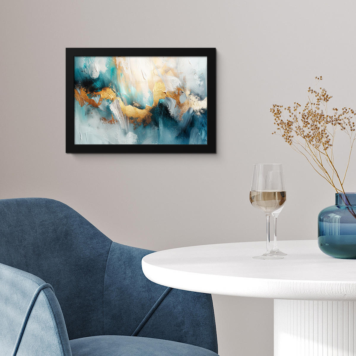 POSTER MIT RAHMEN Abstrakt - Kunst - Gold - Blau 30x20 cm - Petrol, Papier (30/20cm) - MuchoWow