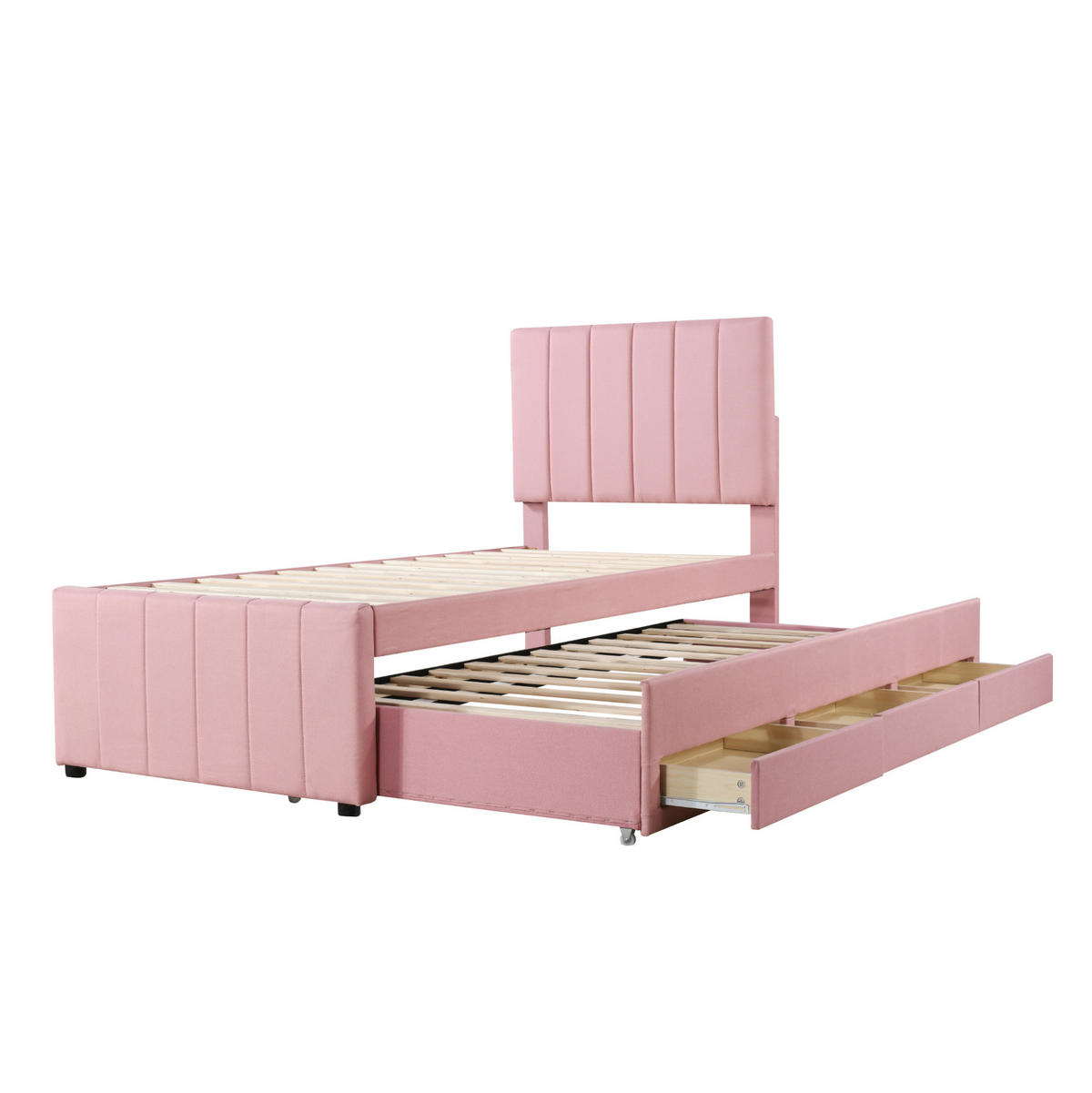 POLSTERBETT aus Leinen 90x200 cm in Rosa mit Ausziehbett & 3 Schubladen - Rosa, Textil (90/200cm) - Modfu