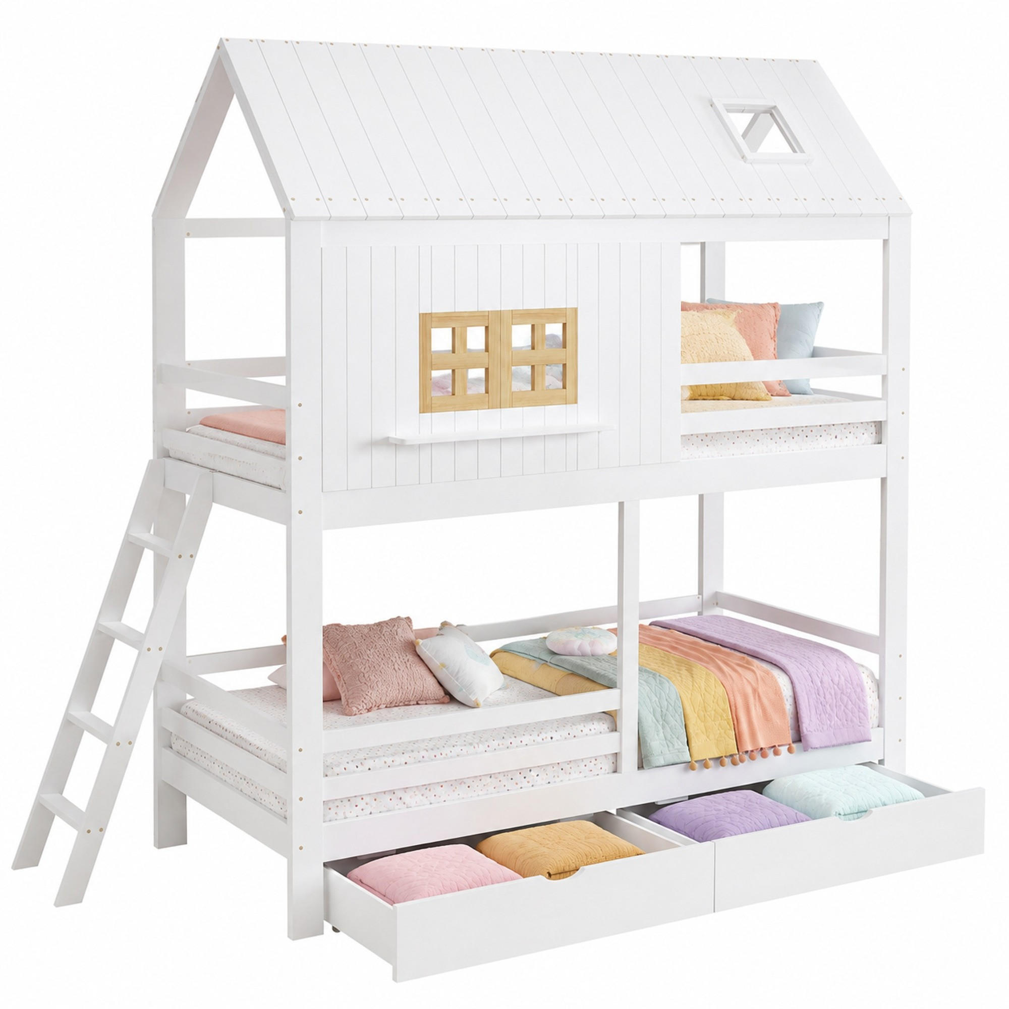 ETAGENBETT 90/200 cm in Weiß & Natur mit 2 Schubladen, Fenster und Dach - Weiß/Naturfarben, Holz/Holzwerkstoff (90/200cm) - CHICFURN