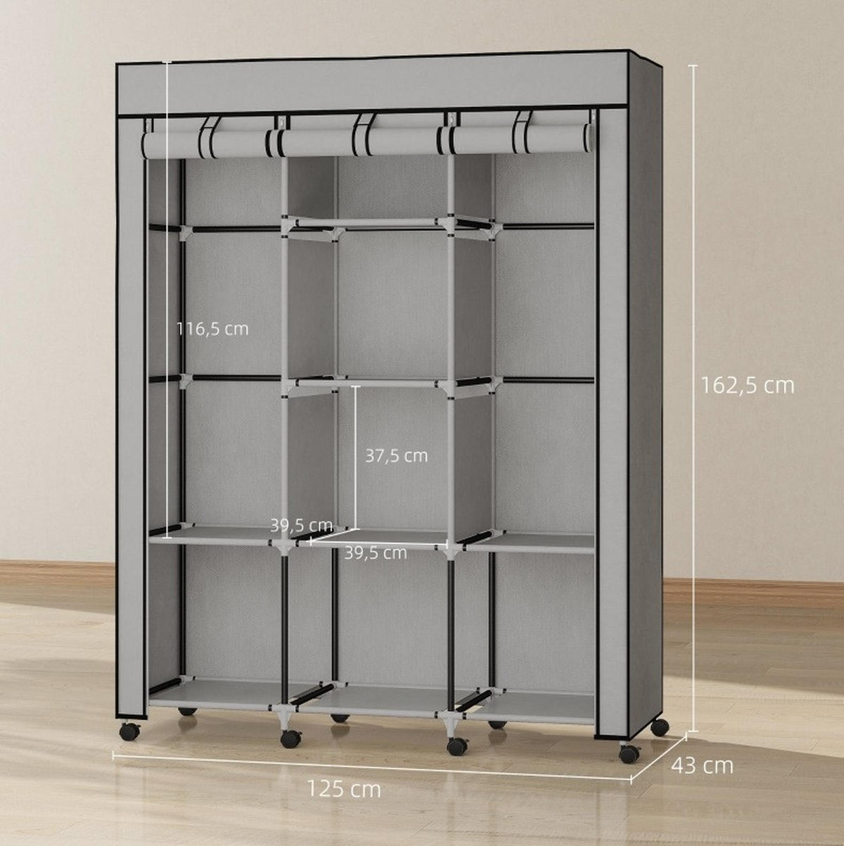 KLEIDERSCHRANK 125/43/162,5 cm in Hellgrau mit 8 Fächern und 2 Kleiderstangen - Hellgrau, Textil (125/162.5/43cm) - BEAOK