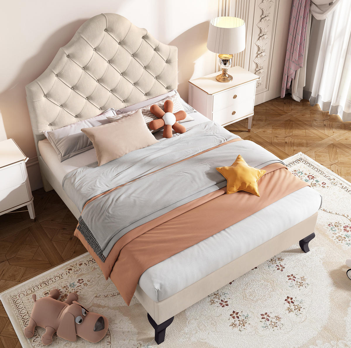 SAMT-POLSTERBETT 90/200 cm in Beige mit Lattenrost und höhenverstellbarem Kopfteil - Beige, Textil (90/200cm) - BEAOK
