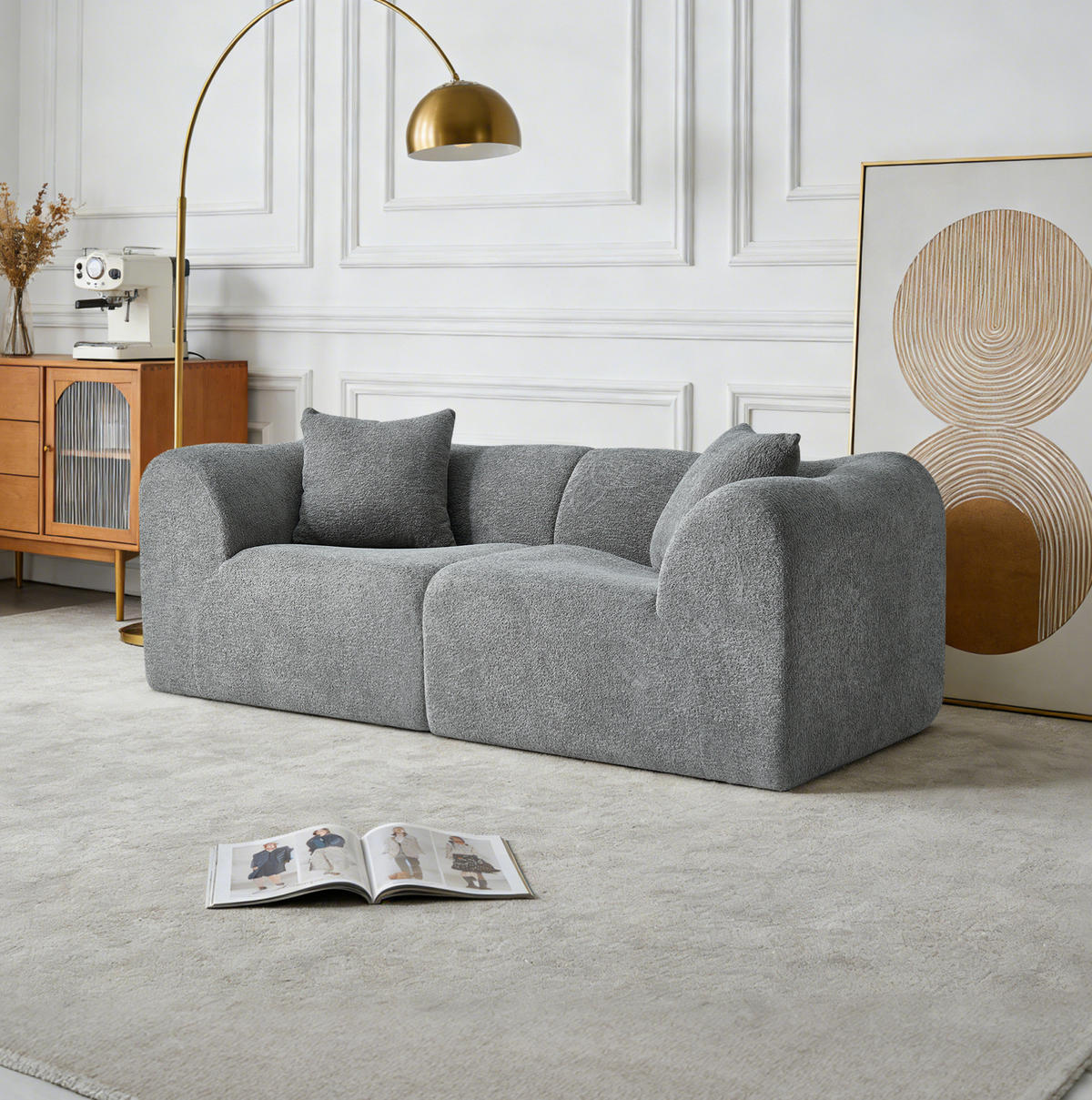 2-SITZER 193/87/67 cm grau aus Samt platzsparend mit 2 Kissen - Grau, Textil (87/67/193cm) - OKWISH