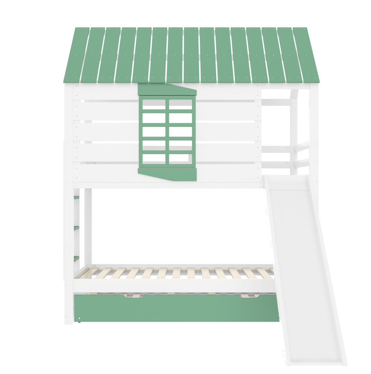 ETAGENBETT aus Kiefer und MDF 90x200 cm Weiß/Grün mit Rutsche, Ausziehbett und Hausdach - Weiß, Holzwerkstoff (90/200cm) - Modfu