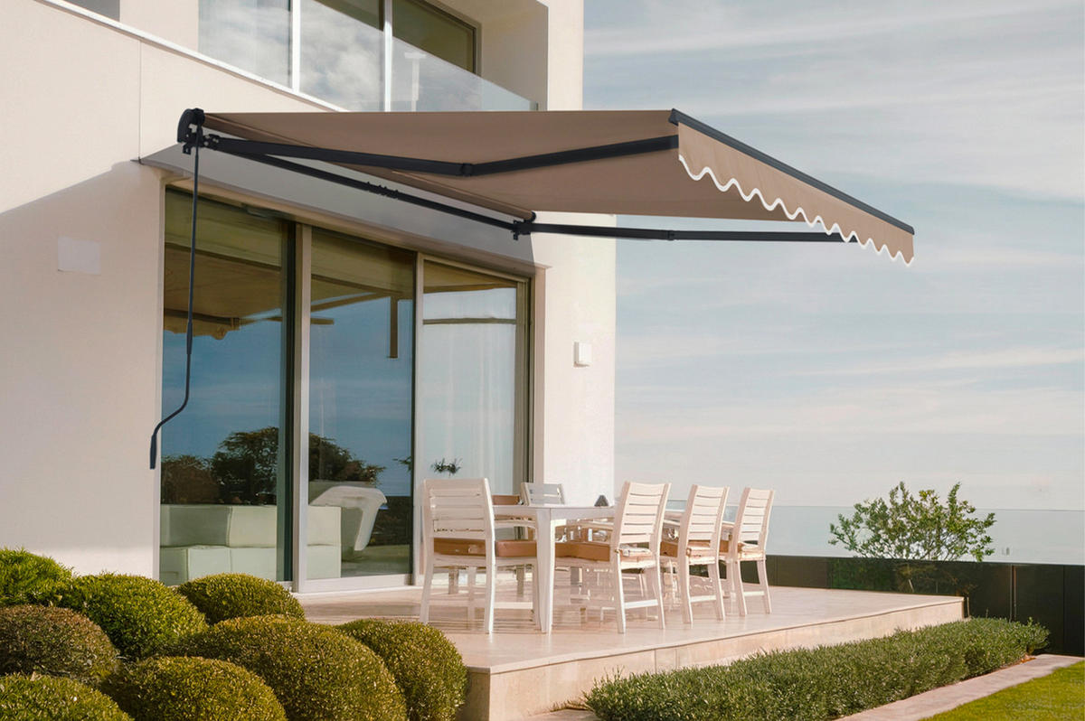 EINTEILIGE MARKISE Vecchio Taupe 3m x 2,5m - Premium-Leinwand 320g/m² - Taupe, Metall (295/270/250cm) - Cazeboo