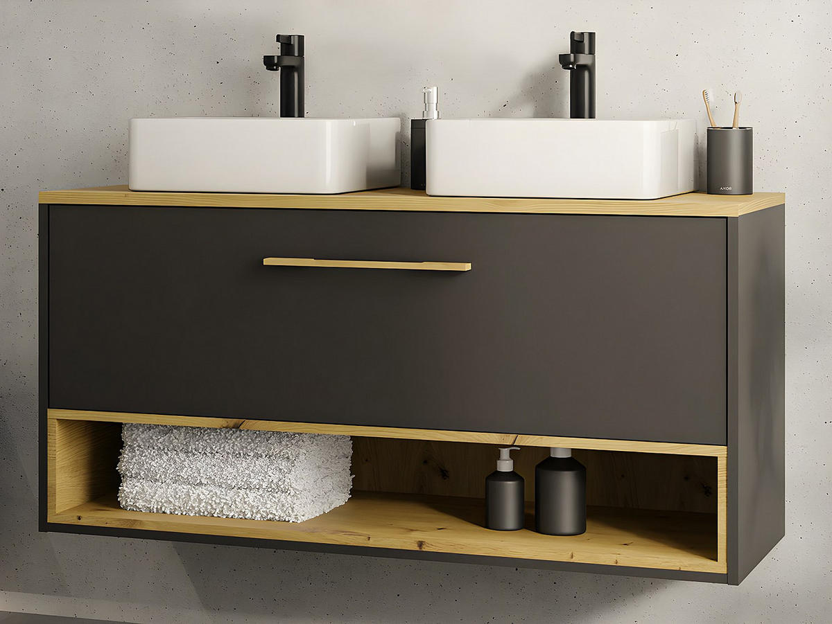 DOPPELWASCHTISCH - 120 cm x 46 cm - Holz, Platte, Keramik - Anthrazitgrau - YANGRA - Anthrazit, Keramik/Holz (120/57/46cm) - Vente-Unique