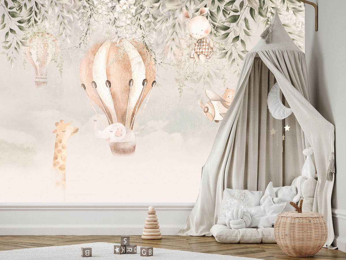 FOTOTAPETA Pre Detskú Izbu Zvieratá Oblaky Balóny Žirafa Slnko 500 x 350 cm - oranžová/hnedá, papier (500/350cm) - Muralo