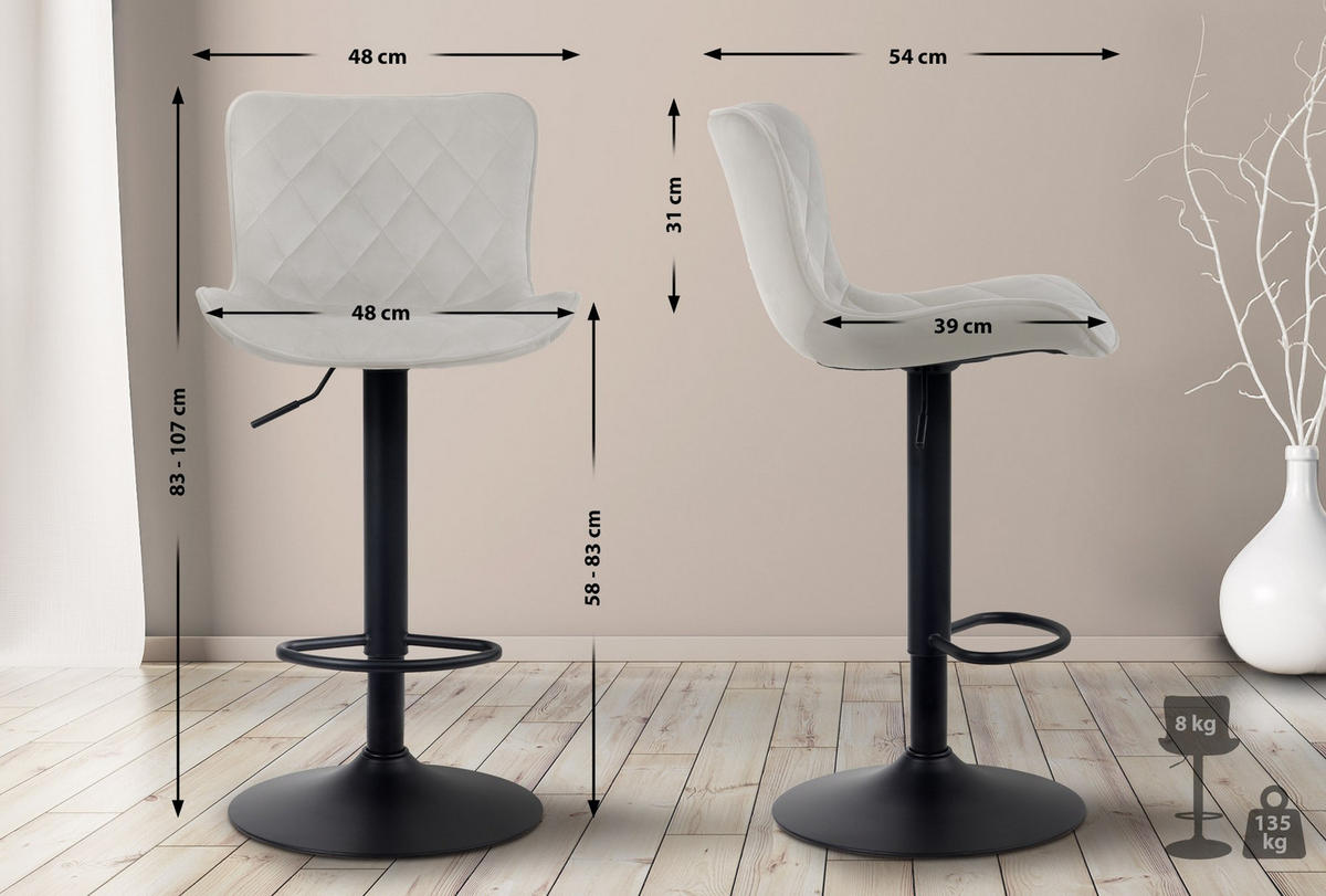BARHOCKER 2er Set Samt creme - Creme/Schwarz, Textil/Metall (48/83/54cm) - CLP
