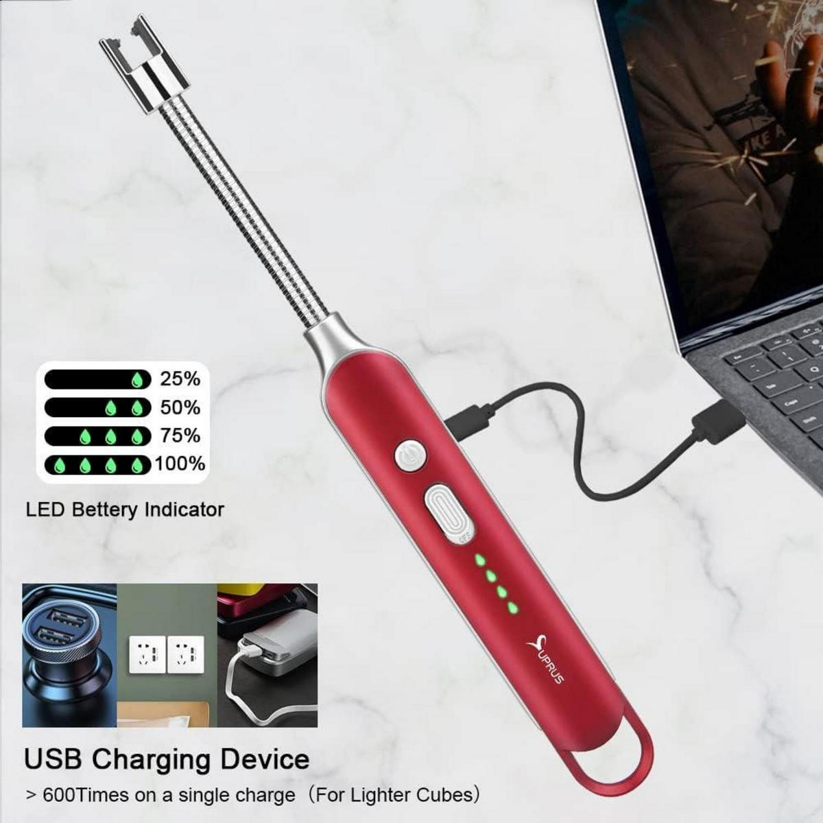 ELEKTRISCHES Feuerzeug mit Lichtbogen Rot | Winddicht | USB Wiederaufladbar | Sicherheitsschloss - Rot, Kunststoff (1.5/1.5/12cm)