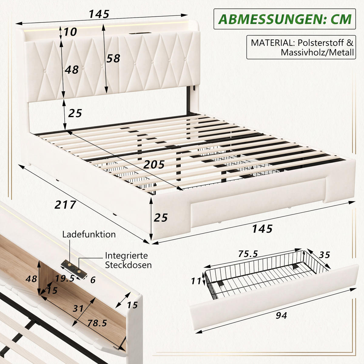 POLSTERBETT 140x200 cm mit 3 Schubladen, bett 140x200 mit USB und LED, Stauraum, Lattenrost, Samt, Beige - Beige, Holz/Textil (140/200cm) - GENKI LIVING