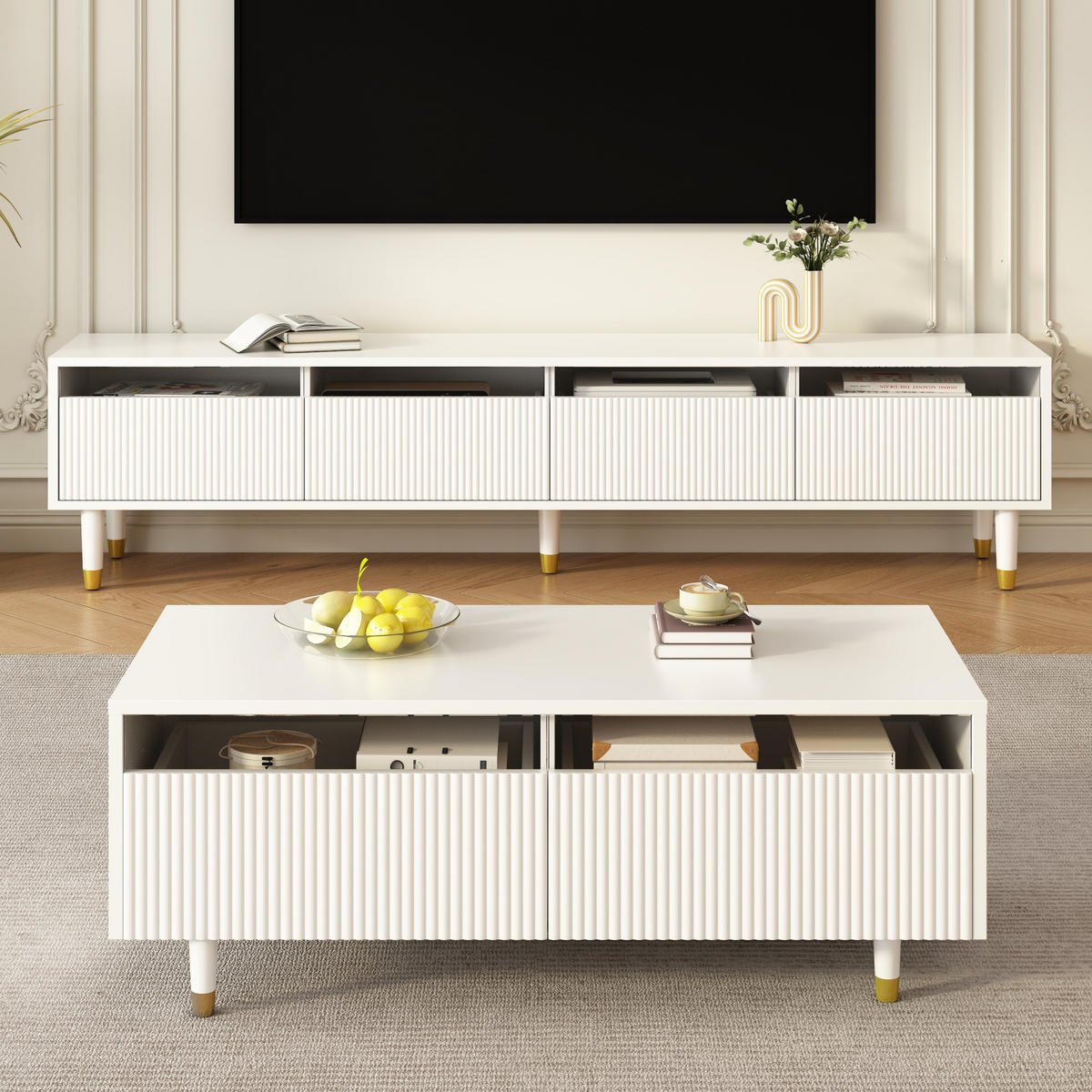 COUCHTISCH LED 2 Schubladen gold weiß - Weiß, Holz (50/100/40cm) - LEBENLANG