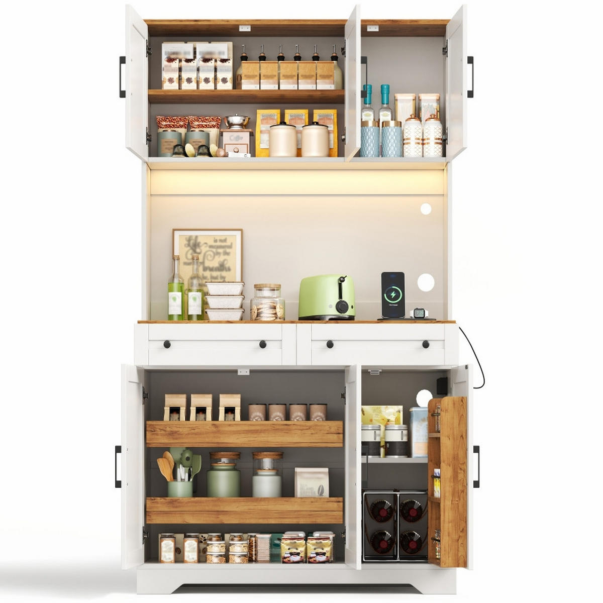 KÜCHENSCHRANK mit LED-Beleuchtung, integrierten Steckdosen, ausziehbarem Organizer, MDF, 100/180/40 cm - Naturfarben, Kunststoff (40/180/100cm) - Rolipo