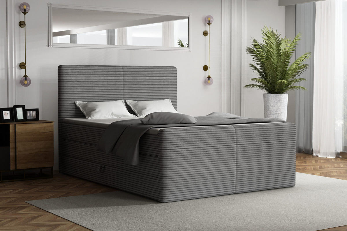 BOXBETT ROCKY 160/200 in Cord Hellgrau mit Doppelmatratzen H3 - Hellgrau, Holz/Holzwerkstoff (140/200cm) - Deine Möbel 24