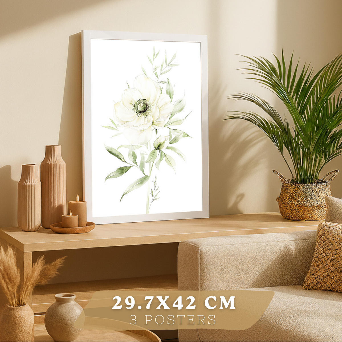 PLAKAT Sada 3 botanických tisků Zelenobílé květy. Akvarelové plakáty rostlin v jemných zelených tónech Obrázky. Velikost A3 Bílý rám - bílá, papír (29.7/42/3cm) - Nacnic