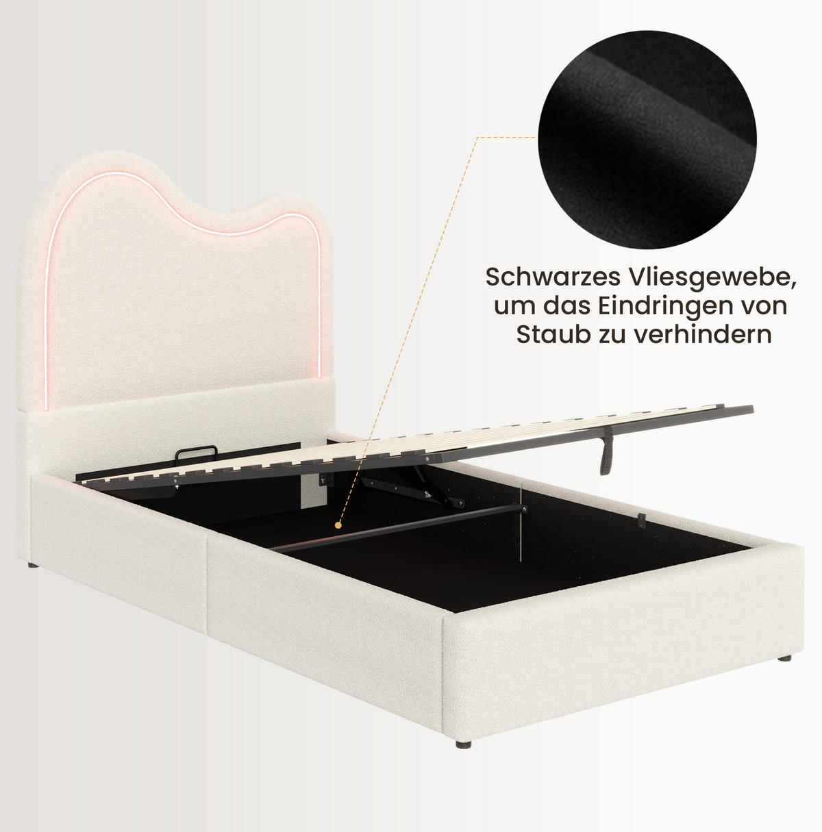 KINDER-POLSTERBETT aus Bouclé 90x200 cm Weiß mit Bettkasten, Lattenrost und LED-Beleuchtung - Weiß, Textil (90/200cm) - Modfu