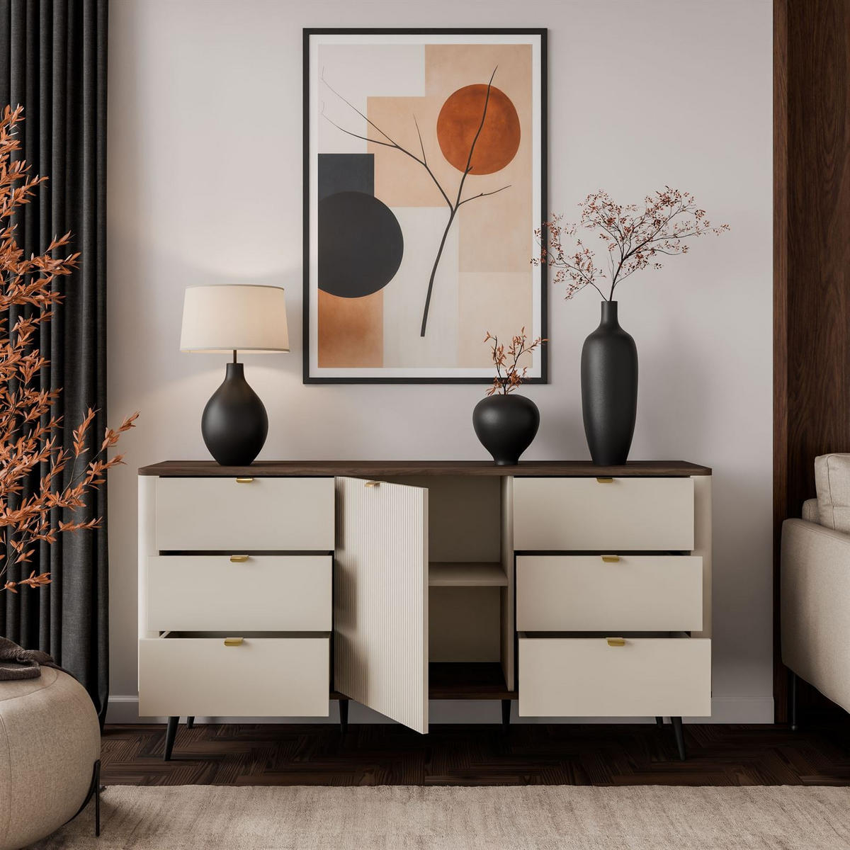 KOMMODE für den Flur AUTUMN 1D6S mit sechs Schubladen, Kaschmir / Nussbaum - Beige/Braun, Holzwerkstoff (160/82/40cm) - Lookway