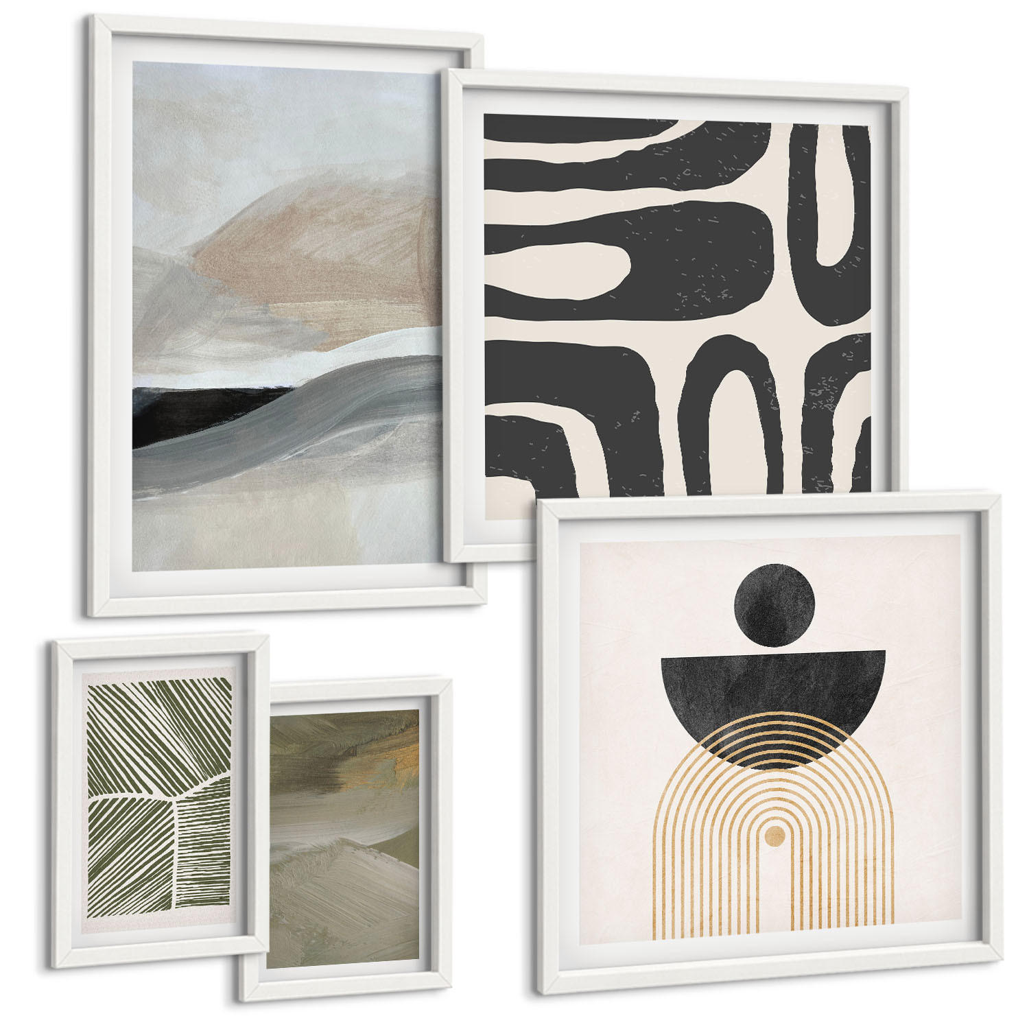 BILDER SET 5er Set - 50x50 cm & 20x30 cm & 40x60 cm Weißer Rahmen - Gemalte abstrakte Dekorationen - Weiß, Kunststoff (40/60cm) - TULUP