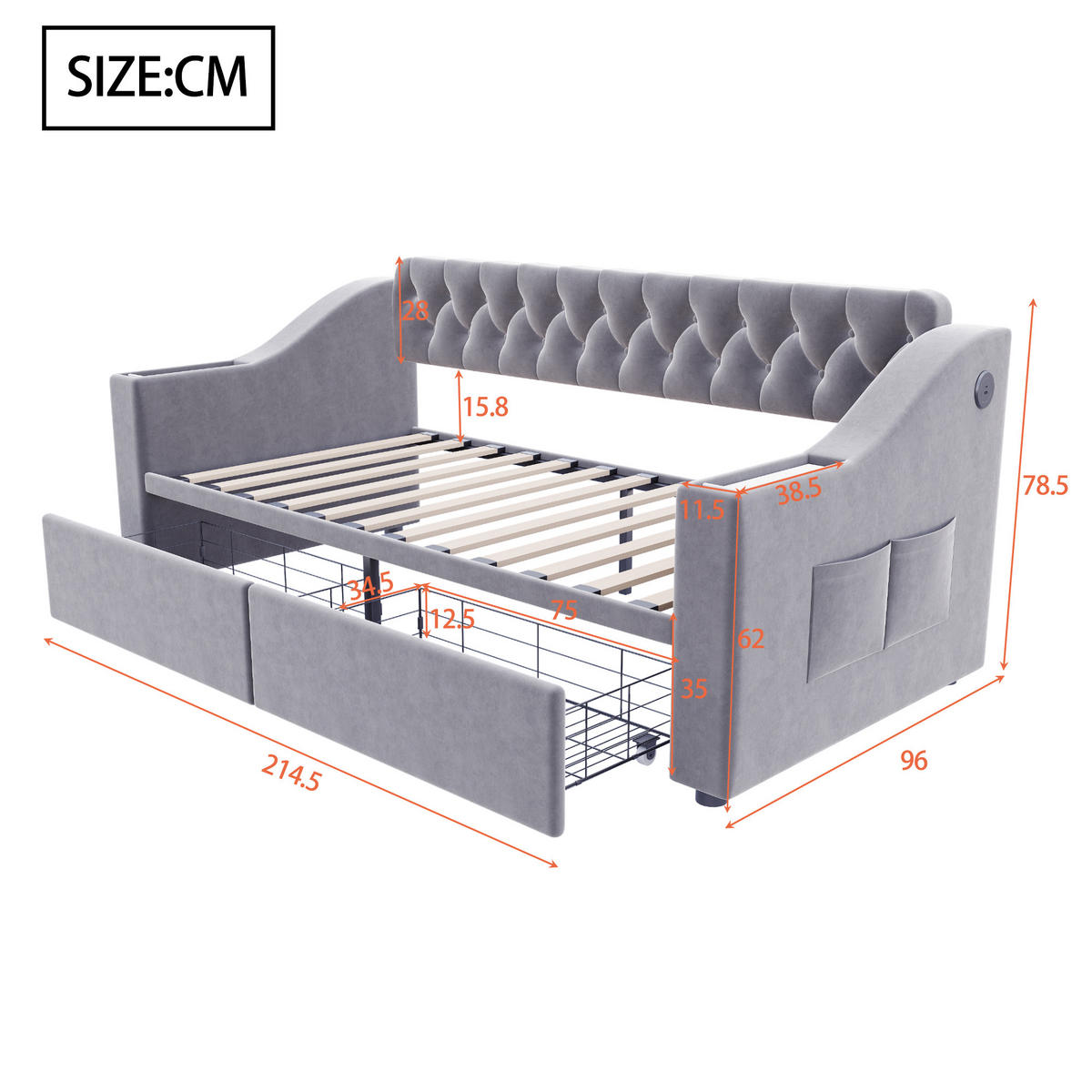 POLSTERBETT 90/190 cm Hellgrau mit Stauraum und Type-C-Anschlüssen aus Samt - Hellgrau, Textil (90/190cm) - OKWISH