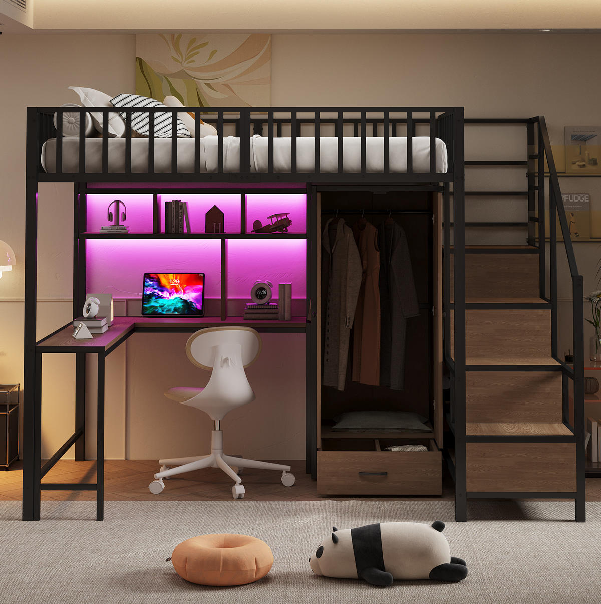 HOCHBETT 140/200 cm mit Schreibtisch, Kleiderschrank, Regalen, LED und Steckdosen, Schwarz - Schwarz, Metall (140/200cm) - Redom