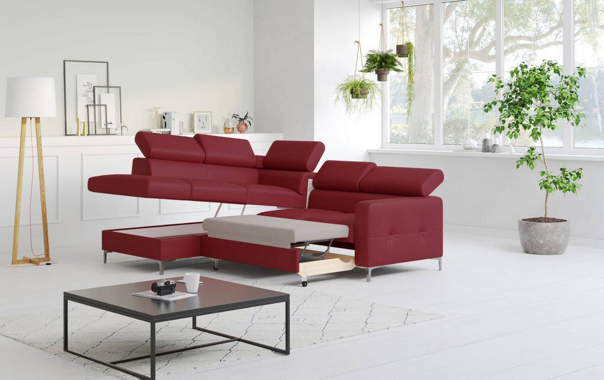 ECKSCHLAFSOFA aus Echtleder mit Schlaffunktion und Bettkasten - Chromfarben/Rot, Leder/Holz (242/207cm) - Cotta