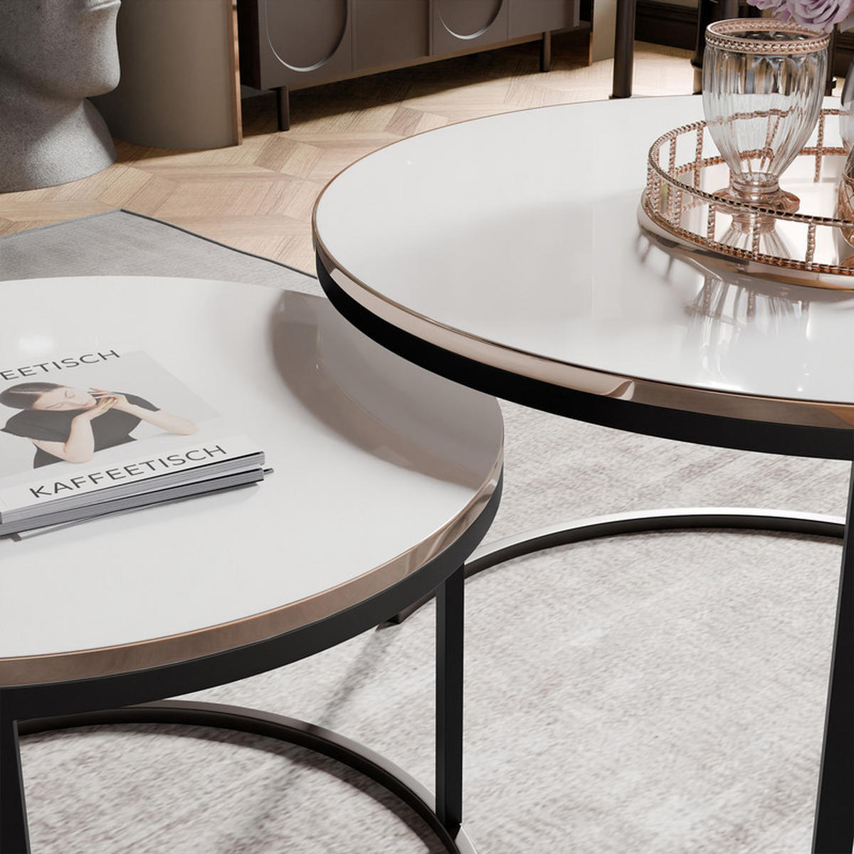 LAVO Couchtisch rund 2-in-1 mit goldenen Kanten, Hochglanz-Weiß - Weiß Hochglanz/Schwarz, Metall (70/70/48cm) - Idohome