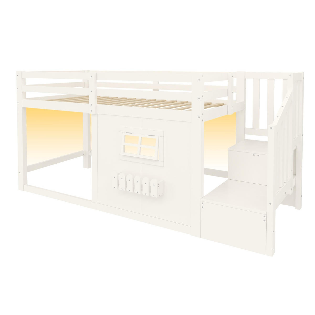 HOCHBETT aus Kiefernholz und MDF 90x200 cm Weiß mit Stauraumtreppe, Fenster und LED-Beleuchtung - Weiß, Holzwerkstoff (90/200cm) - Modfu